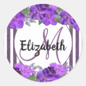 Lila florale Streifen weiße Glitzer Streifen Monog Runder Aufkleber (Vorderseite)