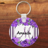 Lila florale Streifen weiße Glitzer Streifen Monog Schlüsselanhänger (Rückseite)