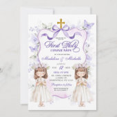 Lila florale Twins Erste Heilige Kommune Einladung (Vorderseite)