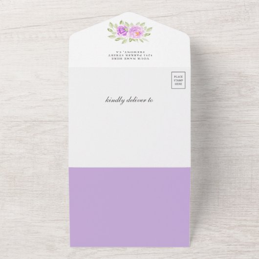 Lila florale Wasserfarbe Elefant Babydusche All In One Einladung (Außenbereich)