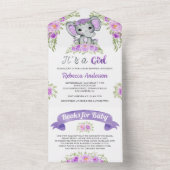 Lila florale Wasserfarbe Elefant Babydusche All In One Einladung (Innen Boden)
