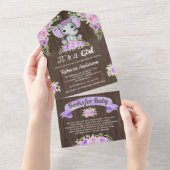 Lila florale Wasserfarbe Elephant Wood Baby Dusche All In One Einladung (Abreißen)