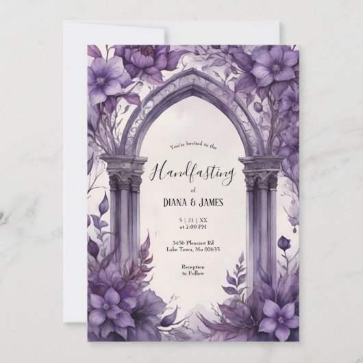 Lila florale Wasserfarbe Gotische Pagan Handfasts Einladung (Vorderseite)