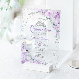 Lila Florale Wasserfarben-Rosen Quinceanera Acryleinladungen