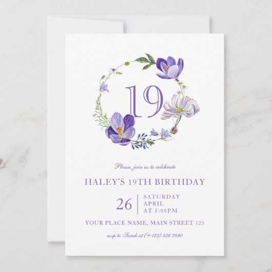 Lila florale Wildblume Vintag 19. Geburtstag Einladung (Vorderseite)