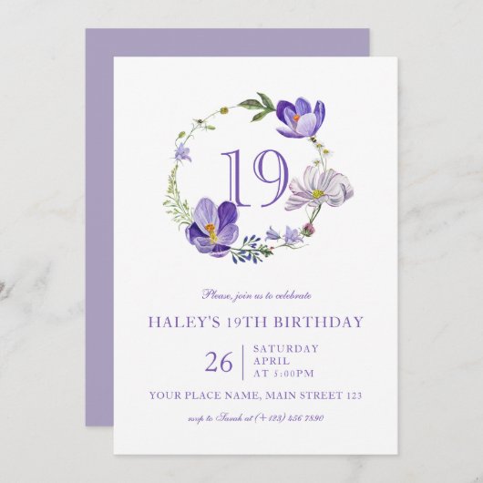 Lila florale Wildblume Vintag 19. Geburtstag Einladung (Vorne/Hinten)