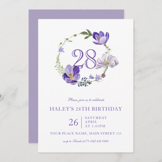 Lila florale Wildblume Vintag 28. Geburtstag Einladung (Vorne/Hinten)
