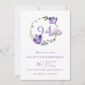 Lila florale Wildblume Vintag 94. Geburtstag Einladung (Vorderseite)