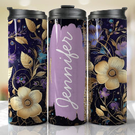 Lila floraler Add Name Benutzerdefiniertes Geschen Thermosbecher