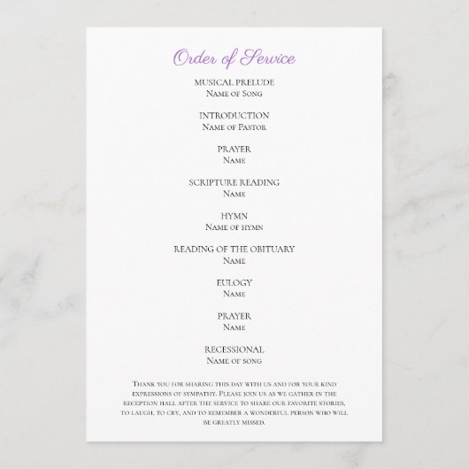 Lila floraler Beerdigungsorden Programm (Rückseite)