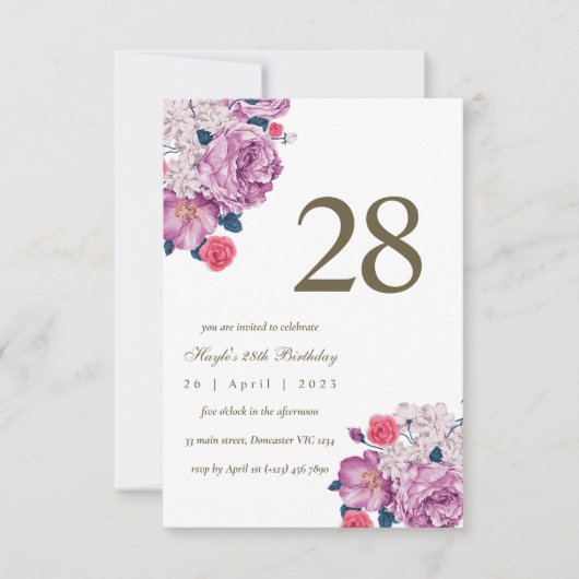 Lila floraler Botanischer einfacher Chic 28. Gebur Einladung (Vorderseite)