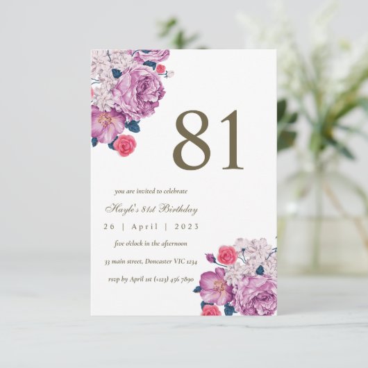 Lila floraler Botanischer einfacher Chic 81. Gebur Einladung (Stehend Vorderseite)