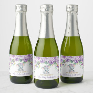 Lila Floraler Elefant Baby Shower Pop the Bubbly Schaumweinetikett