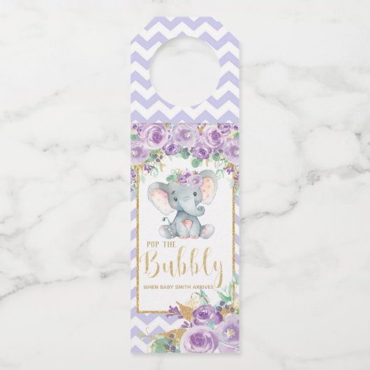 Lila floraler Elefant Pop der Bubbly Champagne Flaschenanhänger (Vorderseite)