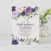 Lila floraler Glitzer 90. Geburtstag Einladung (Stehend Vorderseite)
