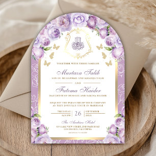 Lila floraler goldener Bogen Muslimische Hochzeit Einladung