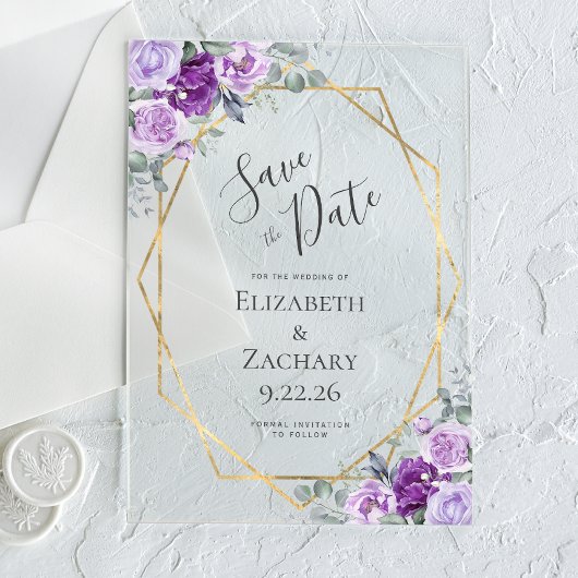 Lila floraler Goldrahmen Save the Date Acryleinladungen