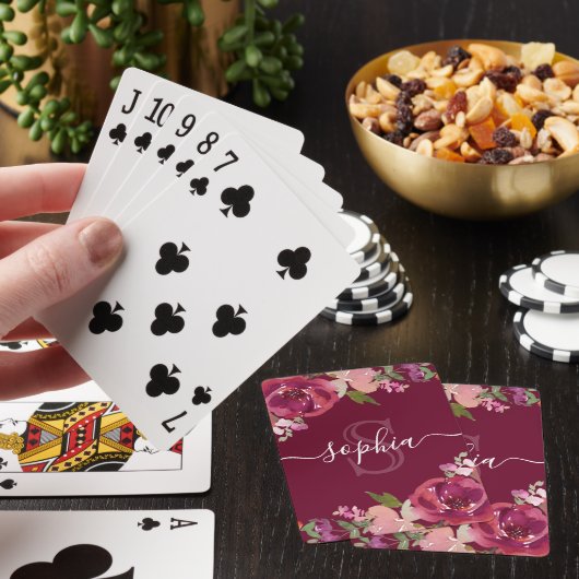 Lila floraler Mit Monogramm Skriptname Spielkarten (In Situ)