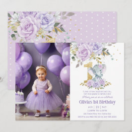 Lila floraler Niedlicher Elefant 1. Geburtstag Fot Einladung