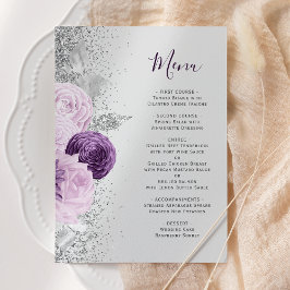Lila floraler Silber Glitzer Grau Wedding Menükarte