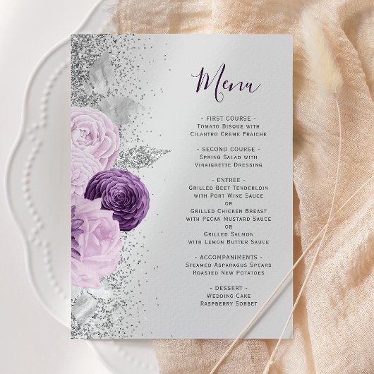 Lila floraler Silber Glitzer Grau Wedding Menükarte