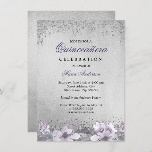 Lila floraler Silber Shimmer Quinceanera laden ein Einladung (Vorne/Hinten)