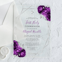 Lila floraler Silberrahmen Erste Heilige Kommune Acryleinladungen