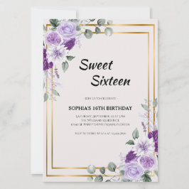 Lila florales 16 . Geburtstag mit Goldrahmen Einladung