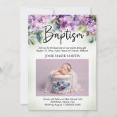 Lila florales Baby Taufe Christening Foto Einladung (Vorderseite)