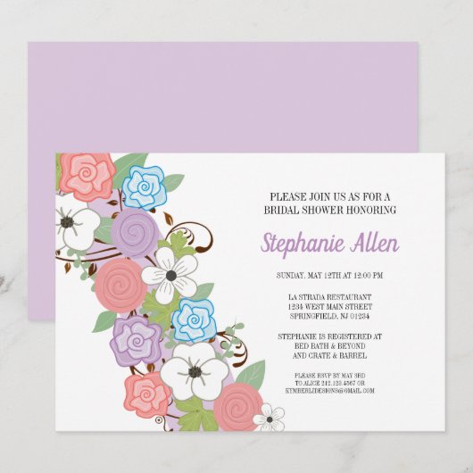 Lila florales Brautparty Einladung (Vorne/Hinten)