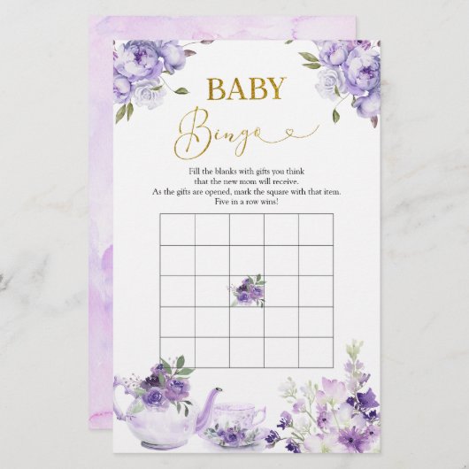 Lila florales Brautparty Tee Baby Bingo Game (Vorne/Hinten)