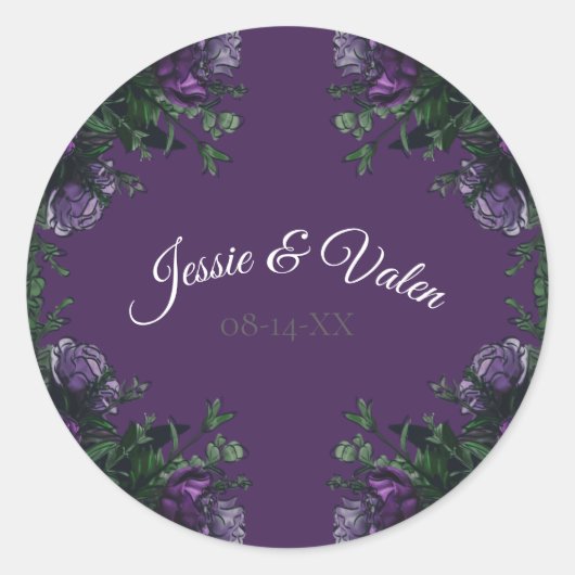 Lila florales Elegant Hochzeitgotik Runder Aufkleber (Vorderseite)