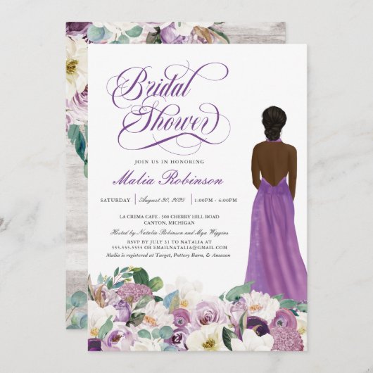Lila florales Elegantes Hochzeitssorgen Brautparty Einladung (Vorne/Hinten)