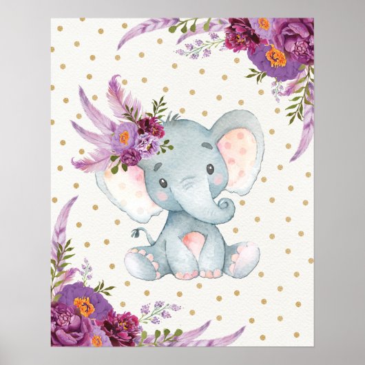 Lila florales Elephant Kinderzimmer Art Boho Deco Poster (Vorne)