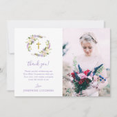 Lila florales First Heilige Kommunion Foto Dankeskarte (Vorderseite)