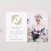 Lila florales First Heilige Kommunion Foto Dankeskarte (Vorne/Hinten)