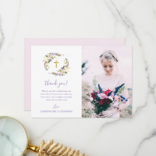 Lila florales First Heilige Kommunion Foto Dankeskarte