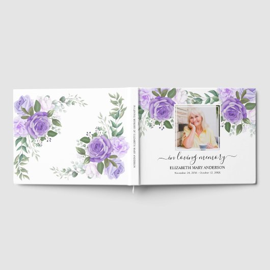 Lila florales Foto Beileid Beerdigung Wasserfarbe Gästebuch (Voll)