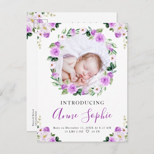 Lila florales Foto Geburtserklärung & Vielen Dank Postkarte (Vorne/Hinten)