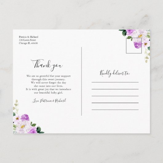 Lila florales Foto Geburtserklärung & Vielen Dank Postkarte (Rückseite)