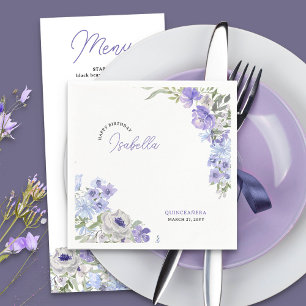 Lila florales Geburtstags-Skript-Name Serviette