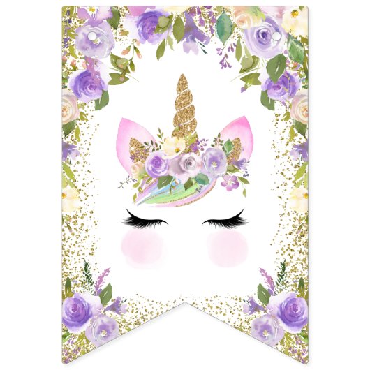Lila florales Gold Unicorn Happy Birthday Wimpelkette (Erste Fahne)