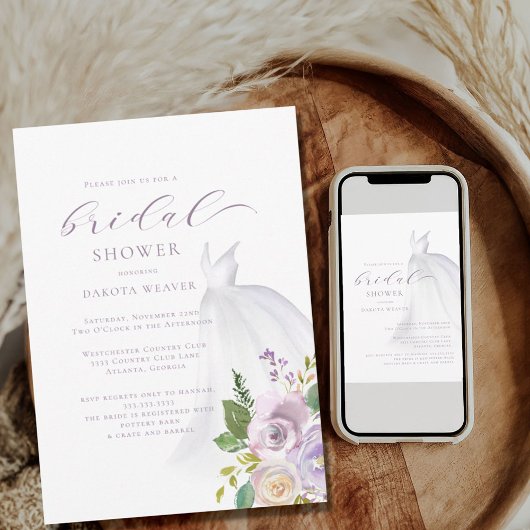 Lila florales Hochzeitskleid Brautparty Einladung