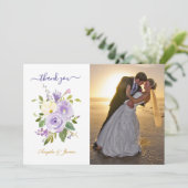 Lila florales Hochzeitsszenario mit Wasserfarbe Fo Dankeskarte (Stehend Vorderseite)