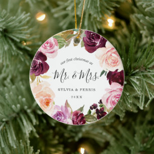 Lila florales Newlywed Foto Elegante Weihnachten Keramik Ornament
