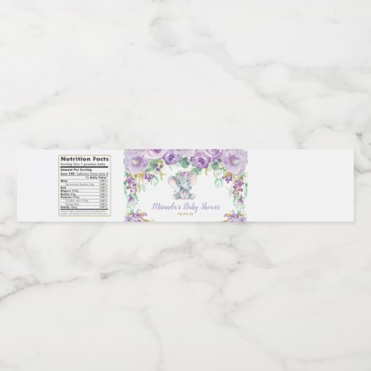Lila florales Niedliches Elephant Baby Shower Baby Wasserflaschenetikett (Einzelnes Label)