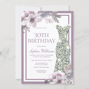 Lila florales Silber Diamant Kleid 30. Geburtstag Einladung