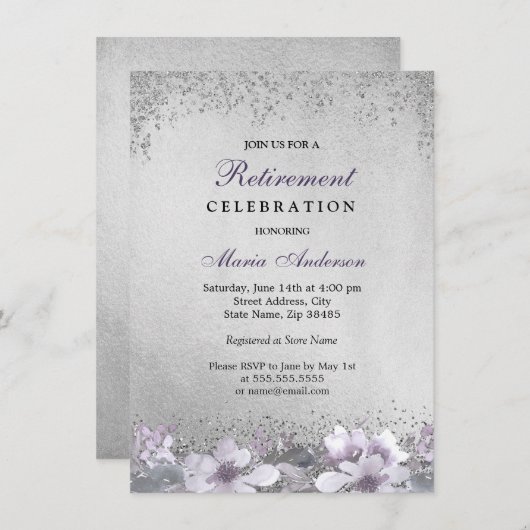 Lila florales Silber-Shimmer-Party Einladung (Vorne/Hinten)