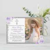 Lila florales Silbermädchen 1. Foto der Heiligen K Einladung (Stehend Vorderseite)