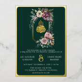 Lila florales Wappen Emerald Muslim Wedding Gold Folieneinladung (Vorderseite)